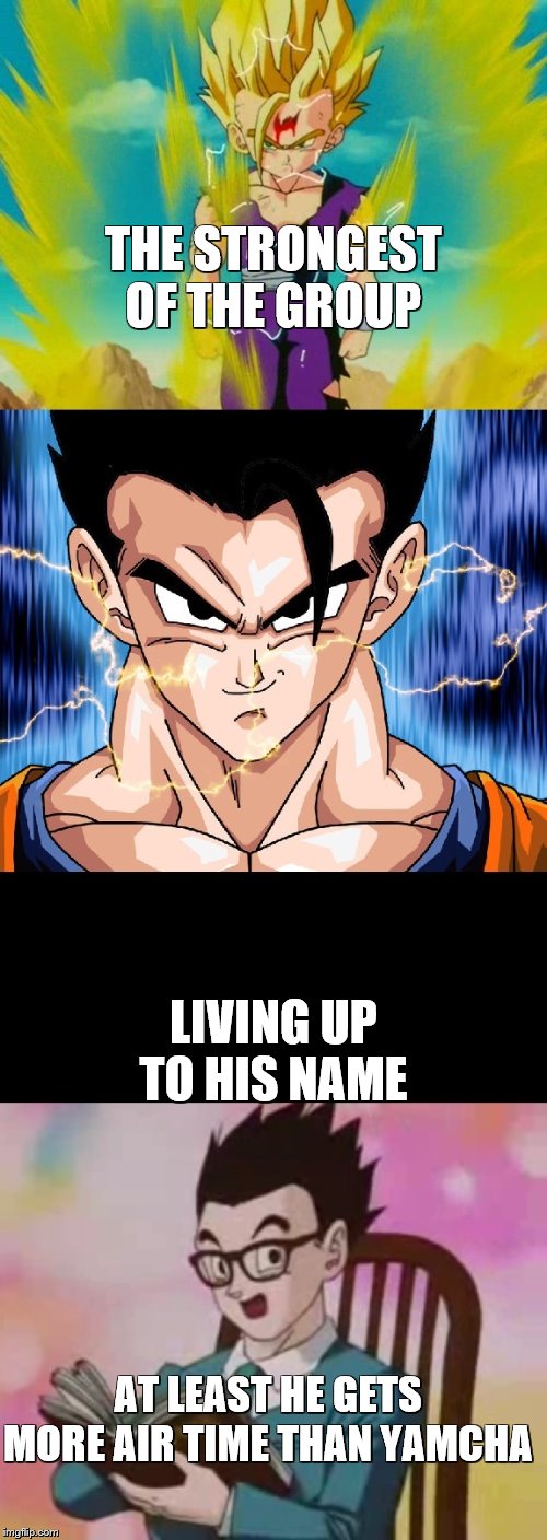 Gohan isn't usless | THE STRONGEST OF THE GROUP; LIVING UP TO HIS NAME; AT LEAST HE GETS MORE AIR TIME THAN YAMCHA | image tagged in gohan isn't usless | made w/ Imgflip meme maker