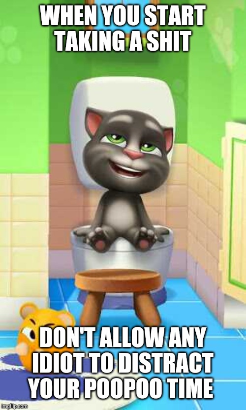 Talking tom takes a shit | WHEN YOU START TAKING A SHIT; DON'T ALLOW ANY IDIOT TO DISTRACT YOUR POOPOO TIME | image tagged in talking tom takes a shit | made w/ Imgflip meme maker