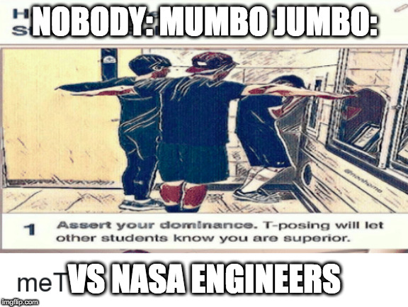 t pose | NOBODY: MUMBO JUMBO:; VS NASA ENGINEERS | image tagged in t pose,dank memes,nasa vs mumbo jumbo | made w/ Imgflip meme maker