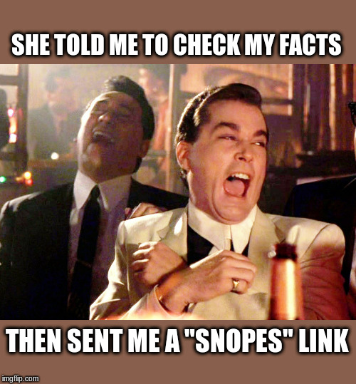 Snopes is Fake AF | SHE TOLD ME TO CHECK MY FACTS; THEN SENT ME A "SNOPES" LINK | image tagged in memes,good fellas hilarious,snopes,fake news,fake | made w/ Imgflip meme maker