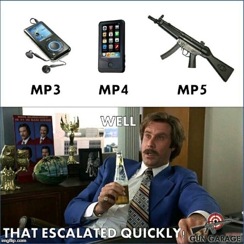 MP3 MP4 MP5 - wtf name mp# | image tagged in funny,nixieknox,liberal logic,logic,guns,well that escalated quickly | made w/ Imgflip meme maker