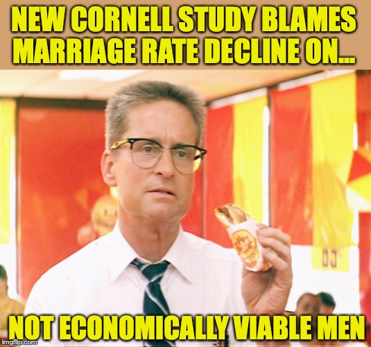 Whammy Put On U.S. Marriage |  NEW CORNELL STUDY BLAMES MARRIAGE RATE DECLINE ON... NOT ECONOMICALLY VIABLE MEN | image tagged in falling down - michael douglas - fast food,marriage,divorce,economics,there's a whammy for that | made w/ Imgflip meme maker
