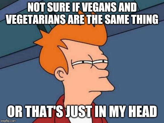 Futurama Fry |  NOT SURE IF VEGANS AND VEGETARIANS ARE THE SAME THING; OR THAT'S JUST IN MY HEAD | image tagged in memes,futurama fry | made w/ Imgflip meme maker