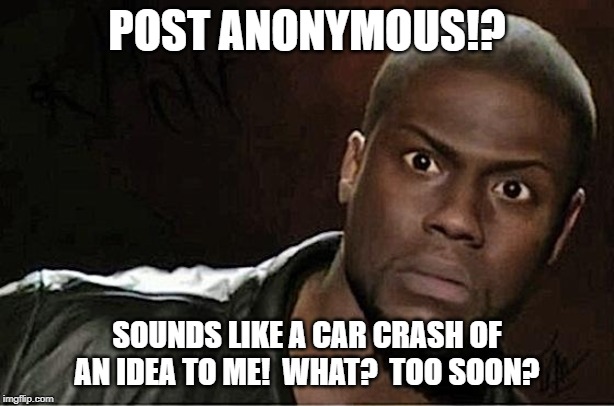 Kevin Hart Meme | POST ANONYMOUS!? SOUNDS LIKE A CAR CRASH OF AN IDEA TO ME!  WHAT?  TOO SOON? | image tagged in memes,kevin hart | made w/ Imgflip meme maker