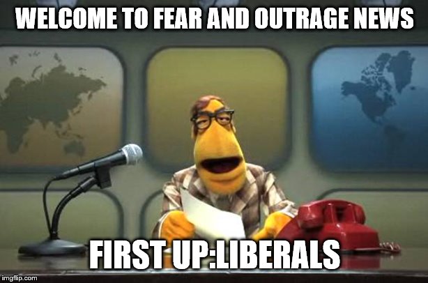 Muppet News Flash | WELCOME TO FEAR AND OUTRAGE NEWS FIRST UP:LIBERALS | image tagged in muppet news flash | made w/ Imgflip meme maker