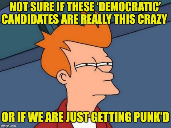 We have to be getting Punk’d | NOT SURE IF THESE ‘DEMOCRATIC’ CANDIDATES ARE REALLY THIS CRAZY; OR IF WE ARE JUST GETTING PUNK’D | image tagged in memes,futurama fry,punk,democratic socialism,crazy,not sure if | made w/ Imgflip meme maker