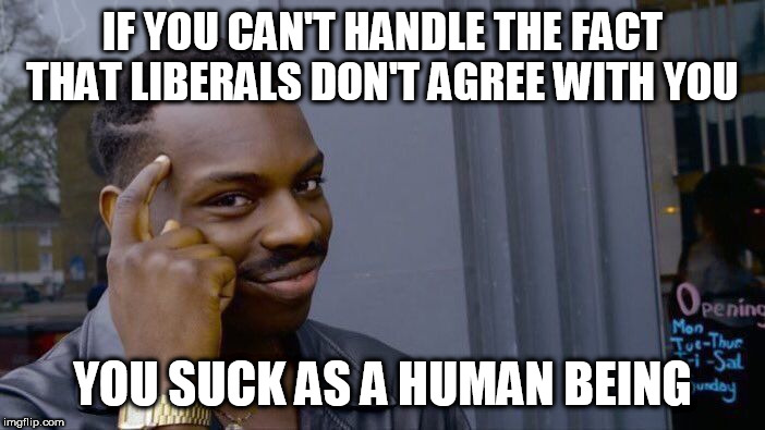 And now gentlemen, we wait.... | IF YOU CAN'T HANDLE THE FACT THAT LIBERALS DON'T AGREE WITH YOU; YOU SUCK AS A HUMAN BEING | image tagged in memes,roll safe think about it,liberal,liberals,agree,agreement | made w/ Imgflip meme maker