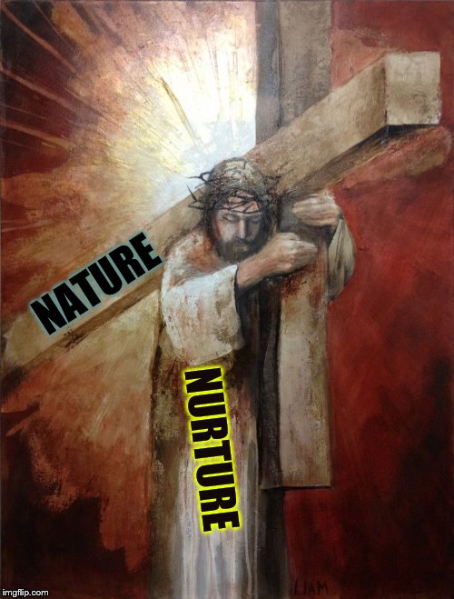 Nature vs. Nurture | NATURE; NURTURE | image tagged in buddy christ,nature | made w/ Imgflip meme maker