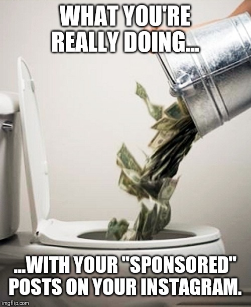 Money Down The Drain | WHAT YOU'RE REALLY DOING... ...WITH YOUR "SPONSORED" POSTS ON YOUR INSTAGRAM. | image tagged in money down the drain | made w/ Imgflip meme maker
