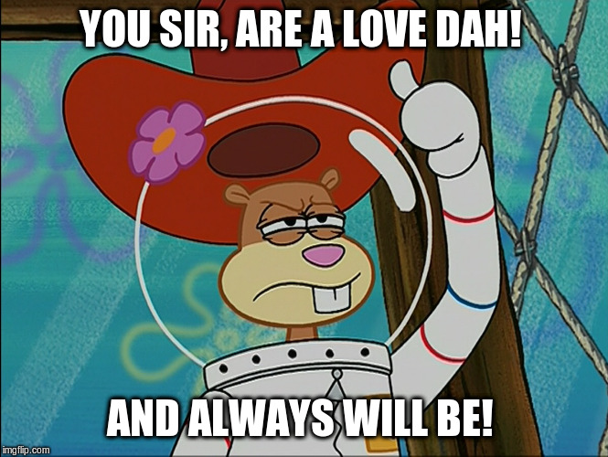 Sandy Cheeks | YOU SIR, ARE A LOVE DAH! AND ALWAYS WILL BE! | image tagged in sandy cheeks | made w/ Imgflip meme maker