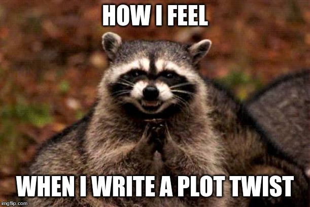 Evil Plotting Raccoon Meme | HOW I FEEL; WHEN I WRITE A PLOT TWIST | image tagged in memes,evil plotting raccoon | made w/ Imgflip meme maker