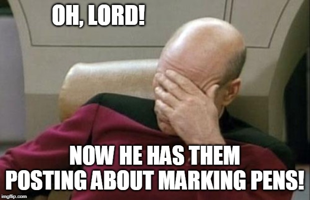 Marking Pens | OH, LORD! NOW HE HAS THEM POSTING ABOUT MARKING PENS! | image tagged in captain picard facepalm,troll,left wing,right wing,donald trump,sheeple | made w/ Imgflip meme maker