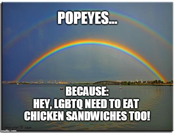 Popeyes... Because: Hey, LGBTQ need to eat chicken sandwiches too! | POPEYES... BECAUSE:
HEY, LGBTQ NEED TO EAT 
CHICKEN SANDWICHES TOO! | image tagged in rainbow,lgbtq,popeyes,chick-fil-a,gay rights,lesbian | made w/ Imgflip meme maker