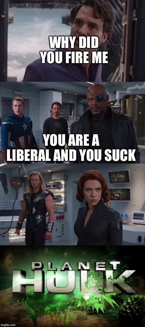 Marvel Planet Hulk | WHY DID YOU FIRE ME; YOU ARE A LIBERAL AND YOU SUCK | image tagged in marvel planet hulk | made w/ Imgflip meme maker