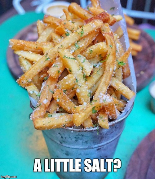 SALTY FRIES | A LITTLE SALT? | image tagged in food,french fries | made w/ Imgflip meme maker