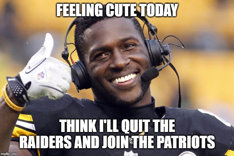 Seriously, what a bunch of crap | FEELING CUTE TODAY; THINK I'LL QUIT THE RAIDERS AND JOIN THE PATRIOTS | image tagged in antonio brown | made w/ Imgflip meme maker