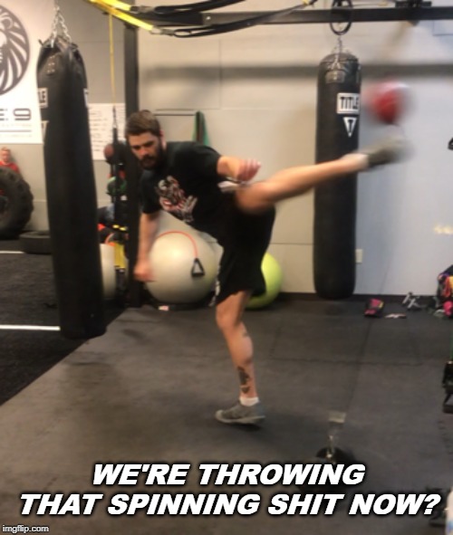 Spinning shit |  WE'RE THROWING THAT SPINNING SHIT NOW? | image tagged in mma,spinning,kick,fighting,nick diaz | made w/ Imgflip meme maker