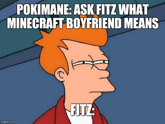 Futurama Fry | POKIMANE: ASK FITZ WHAT MINECRAFT BOYFRIEND MEANS; FITZ: | image tagged in memes,futurama fry | made w/ Imgflip meme maker