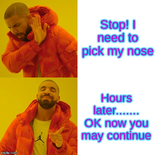 Drake Hotline Bling Meme | Stop! I need to pick my nose; Hours later....... OK now you may continue | image tagged in memes,drake hotline bling | made w/ Imgflip meme maker