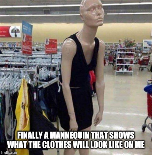 Slouching mannequin | FINALLY A MANNEQUIN THAT SHOWS WHAT THE CLOTHES WILL LOOK LIKE ON ME | image tagged in mannequin | made w/ Imgflip meme maker