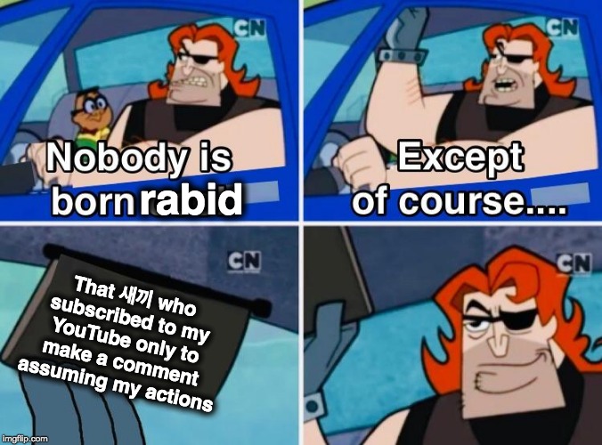 Nobody is born cool | rabid; That 새끼 who subscribed to my YouTube only to make a comment assuming my actions | image tagged in nobody is born cool | made w/ Imgflip meme maker
