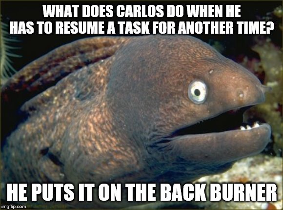 Da-dum tss? | WHAT DOES CARLOS DO WHEN HE HAS TO RESUME A TASK FOR ANOTHER TIME? HE PUTS IT ON THE BACK BURNER | image tagged in bad joke eel,video games,ps4,cult | made w/ Imgflip meme maker