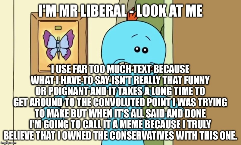 Mr Meseeks | I'M MR LIBERAL - LOOK AT ME; I USE FAR TOO MUCH TEXT BECAUSE WHAT I HAVE TO SAY ISN'T REALLY THAT FUNNY OR POIGNANT AND IT TAKES A LONG TIME TO GET AROUND TO THE CONVOLUTED POINT I WAS TRYING TO MAKE BUT WHEN IT'S ALL SAID AND DONE I'M GOING TO CALL IT A MEME BECAUSE I TRULY BELIEVE THAT I OWNED THE CONSERVATIVES WITH THIS ONE. | image tagged in mr meseeks | made w/ Imgflip meme maker