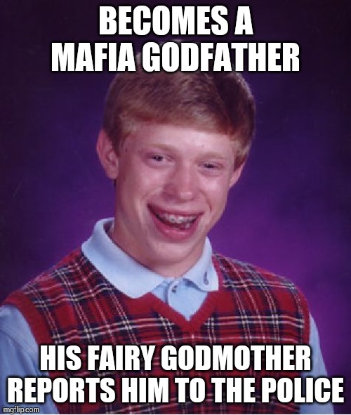 Bad Luck Brian Meme | BECOMES A MAFIA GODFATHER; HIS FAIRY GODMOTHER REPORTS HIM TO THE POLICE | image tagged in memes,bad luck brian | made w/ Imgflip meme maker