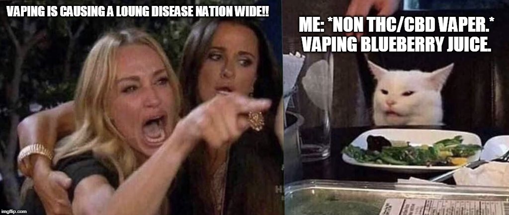 Vaping epidemic. Do your research!! | ME: *NON THC/CBD VAPER.* VAPING BLUEBERRY JUICE. VAPING IS CAUSING A LOUNG DISEASE NATION WIDE!! | image tagged in woman yelling at cat | made w/ Imgflip meme maker