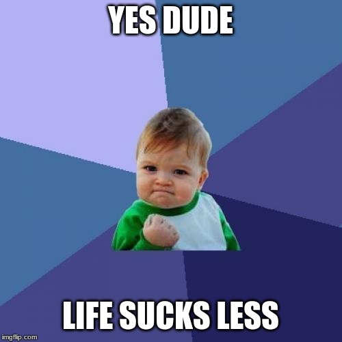 Success Kid Meme | YES DUDE LIFE SUCKS LESS | image tagged in memes,success kid | made w/ Imgflip meme maker