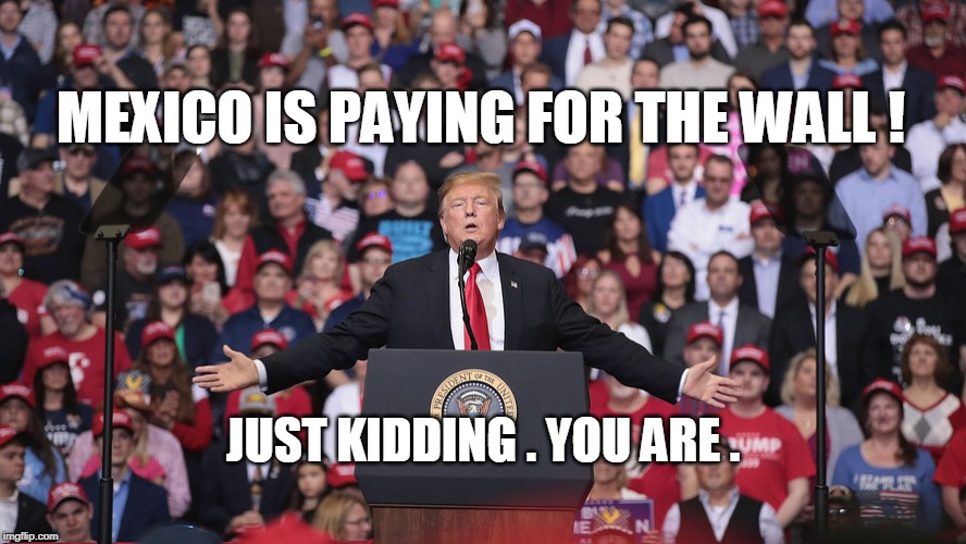 MEXICO IS PAYING FOR THE WALL ! JUST KIDDING . YOU ARE . | image tagged in trump,wall | made w/ Imgflip meme maker