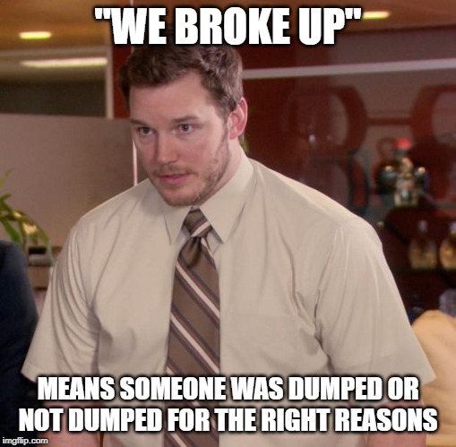 Afraid To Ask Andy Meme | "WE BROKE UP"; MEANS SOMEONE WAS DUMPED OR NOT DUMPED FOR THE RIGHT REASONS | image tagged in memes,afraid to ask andy | made w/ Imgflip meme maker