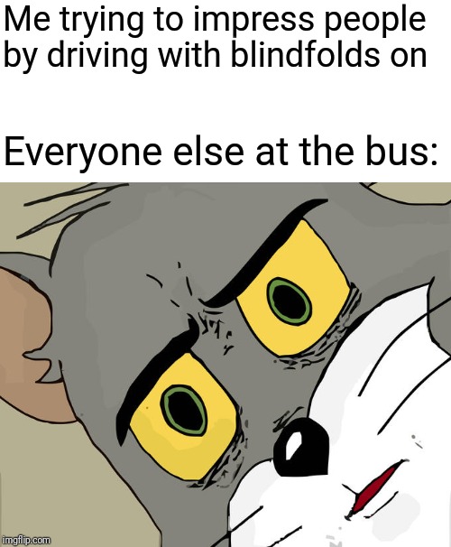 Unsettled Tom | Me trying to impress people by driving with blindfolds on; Everyone else at the bus: | image tagged in memes,unsettled tom | made w/ Imgflip meme maker