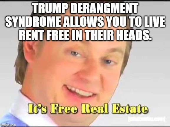 its free real estate | TRUMP DERANGMENT SYNDROME ALLOWS YOU TO LIVE RENT FREE IN THEIR HEADS. | image tagged in its free real estate,tds | made w/ Imgflip meme maker