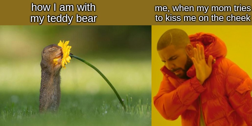 how I am with my teddy bear; me, when my mom tries to kiss me on the cheek | image tagged in kids,memes | made w/ Imgflip meme maker