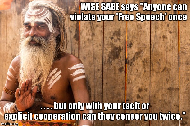 Never repeat the same mistake twice. | WISE SAGE says "Anyone can violate your 'Free Speech' once; . . . . but only with your tacit or explicit cooperation can they censor you twice." | image tagged in free speech,resist | made w/ Imgflip meme maker