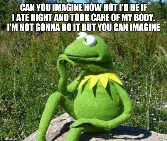 CAN YOU IMAGINE HOW HOT I'D BE IF I ATE RIGHT AND TOOK CARE OF MY BODY. I'M NOT GONNA DO IT BUT YOU CAN IMAGINE | image tagged in imagine | made w/ Imgflip meme maker