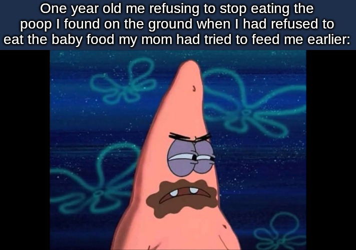 One year old me refusing to stop eating the poop I found on the ground when I had refused to eat the baby food my mom had tried to feed me earlier: | image tagged in kids,memes | made w/ Imgflip meme maker