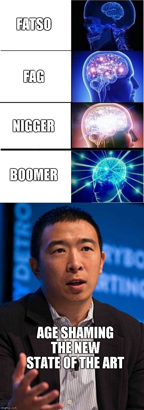FATSO AGE SHAMING
THE NEW
STATE OF THE ART F*G NI**ER BOOMER | image tagged in memes,expanding brain,andrew yang | made w/ Imgflip meme maker