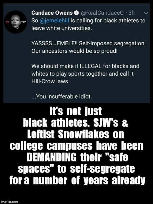 SelfSegregation | It's  not  just  black  athletes.  SJW's  &  Leftist  Snowflakes  on  college  campuses  have  been  DEMANDING  their  "safe spaces"  to  self-segregate  for a  number  of  years  already | image tagged in political revolution,sheltered college freshman | made w/ Imgflip meme maker