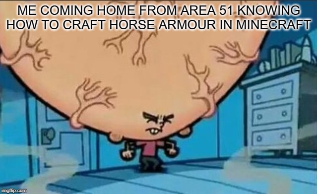 Big Brain timmy | ME COMING HOME FROM AREA 51 KNOWING HOW TO CRAFT HORSE ARMOUR IN MINECRAFT | image tagged in big brain timmy | made w/ Imgflip meme maker