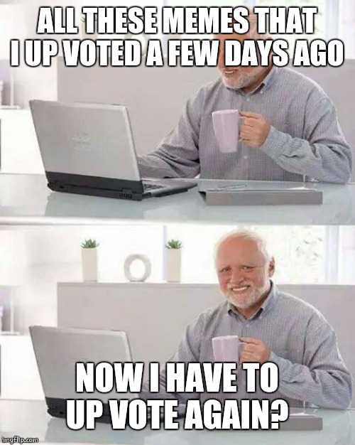 Wth imgflip? | ALL THESE MEMES THAT I UP VOTED A FEW DAYS AGO; NOW I HAVE TO UP VOTE AGAIN? | image tagged in memes,hide the pain harold,upvotes,imgflip | made w/ Imgflip meme maker