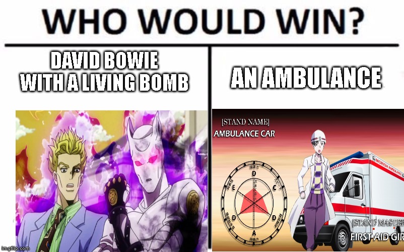 Who Would Win? Meme | DAVID BOWIE WITH A LIVING BOMB; AN AMBULANCE | image tagged in memes,who would win | made w/ Imgflip meme maker