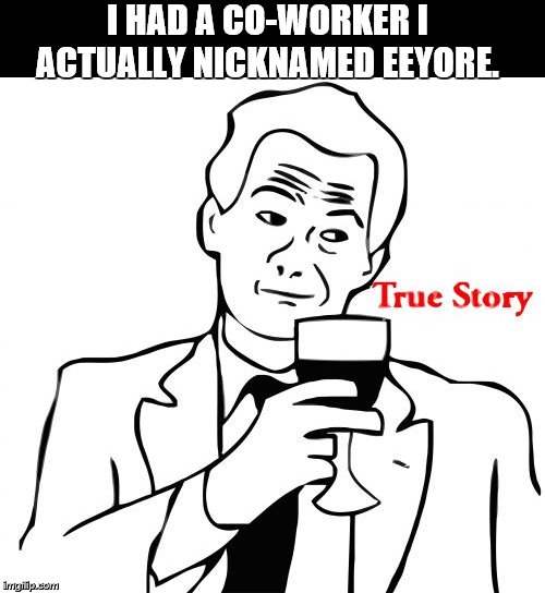 True Story Meme | I HAD A CO-WORKER I ACTUALLY NICKNAMED EEYORE. | image tagged in memes,true story | made w/ Imgflip meme maker