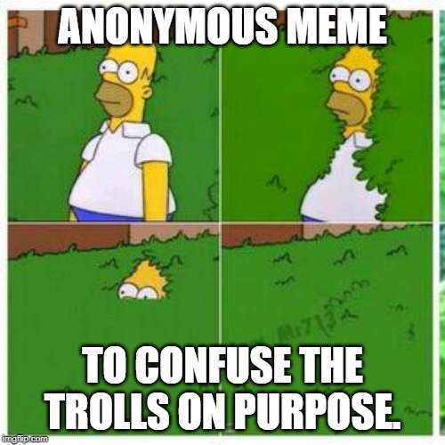 Anonymous for the trolls.  Do it for the big win. | ANONYMOUS MEME; TO CONFUSE THE TROLLS ON PURPOSE. | image tagged in homer hides | made w/ Imgflip meme maker