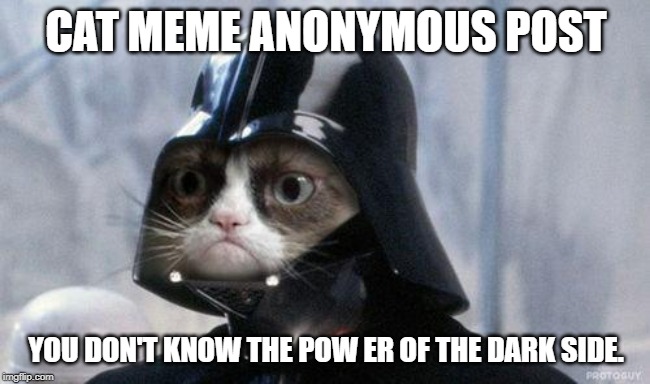 Grumpy Cat Star Wars | CAT MEME ANONYMOUS POST; YOU DON'T KNOW THE POW ER OF THE DARK SIDE. | image tagged in memes,grumpy cat star wars,grumpy cat | made w/ Imgflip meme maker