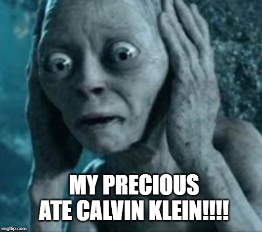Scared Gollum | MY PRECIOUS ATE CALVIN KLEIN!!!! | image tagged in scared gollum | made w/ Imgflip meme maker