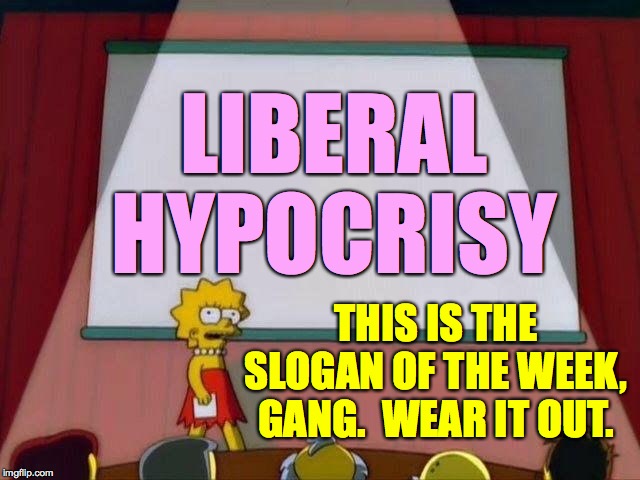 I thought Lisa was a Liberal! | LIBERAL HYPOCRISY; THIS IS THE SLOGAN OF THE WEEK, GANG.  WEAR IT OUT. | image tagged in lisa simpson's presentation,memes,go team evil,conservative hypocrisy | made w/ Imgflip meme maker
