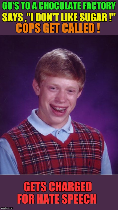 Bad Luck Brian | SAYS ,"I DON'T LIKE SUGAR !"; GO'S TO A CHOCOLATE FACTORY; COPS GET CALLED ! GETS CHARGED FOR HATE SPEECH | image tagged in memes,bad luck brian,hate speech,not,so,funny | made w/ Imgflip meme maker