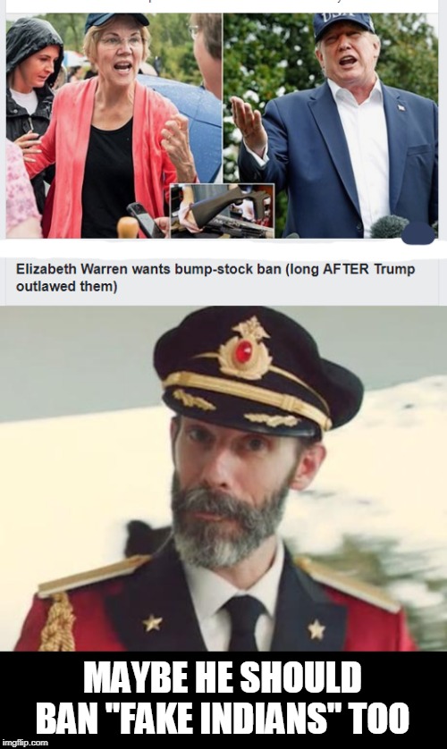 Ban Warren | MAYBE HE SHOULD BAN "FAKE INDIANS" TOO | image tagged in captain obvious,warren | made w/ Imgflip meme maker